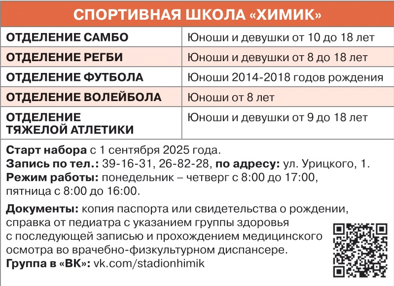 С 1 сентября 2025 года стартует набор детей в секции Спортивной школы «Химик»