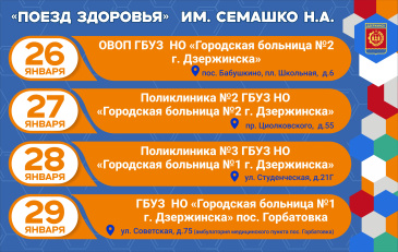 С 26 по 29 января в Дзержинске и населённых пунктах городского округа будет работать мобильный медицинский комплекс «Поезд здоровья им. Н.А. Семашко»